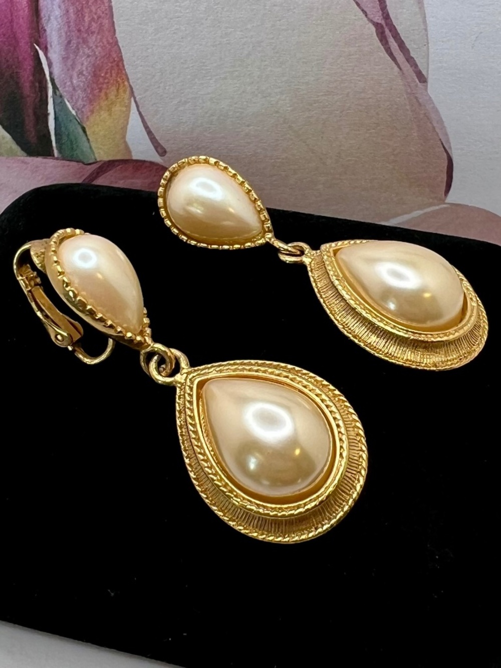 Sarah Coventry Pearl Teardrop Dangle CLIP Earrings - Picture 3 of 6